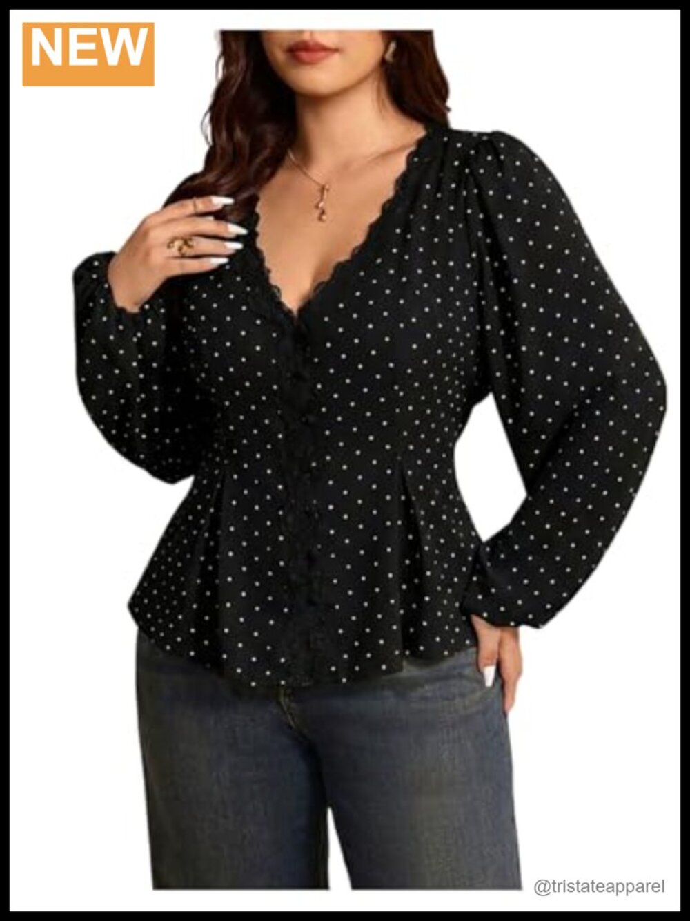 Plus Size Long Sleeve Peplum Blouse High Neck Ruffle Trim